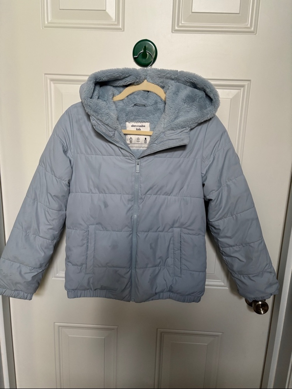 abercrombie kids Powder Blue Puffer Jacket with Faux Fur Hood